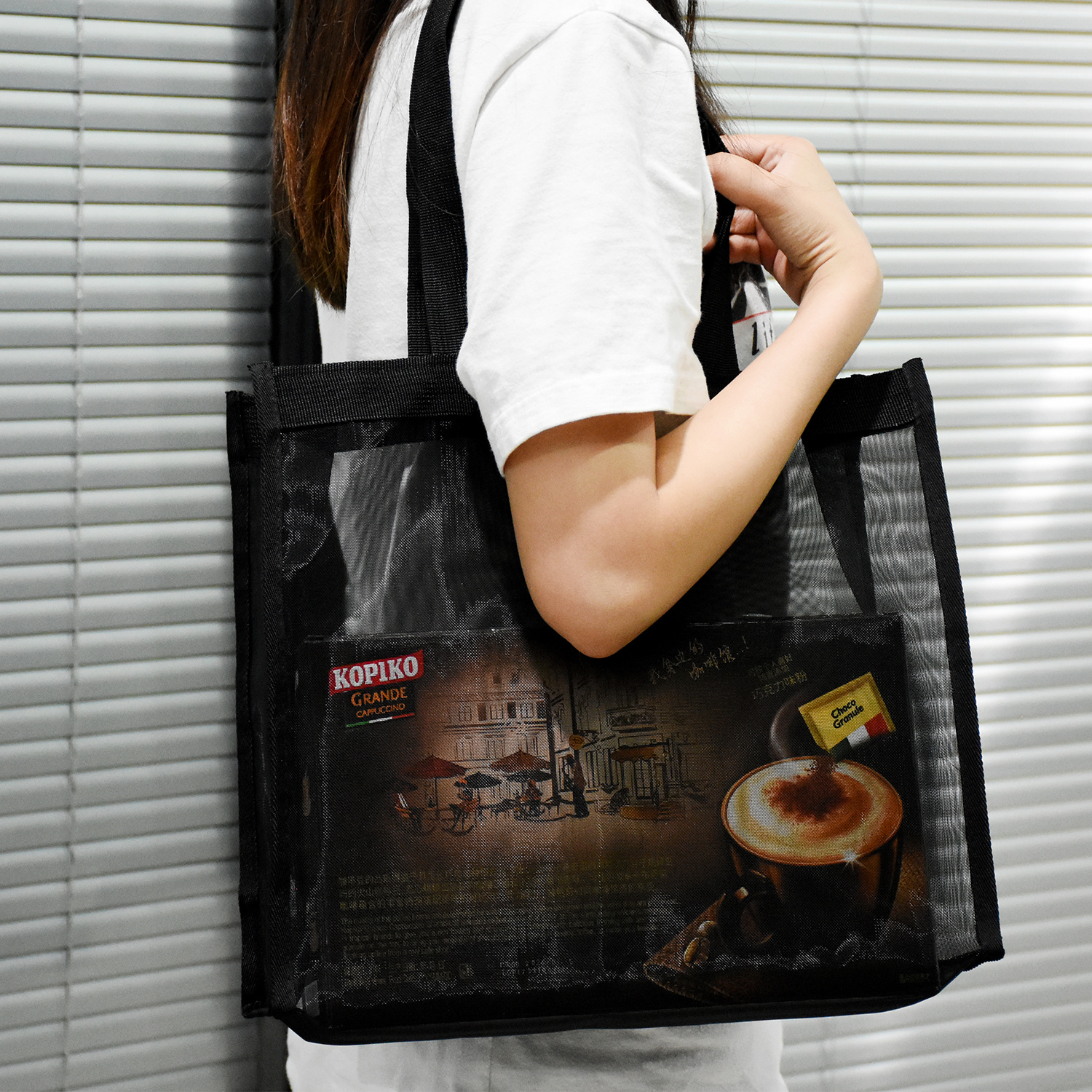 Customized Black Waterproof Mesh Beach Tote Bag01