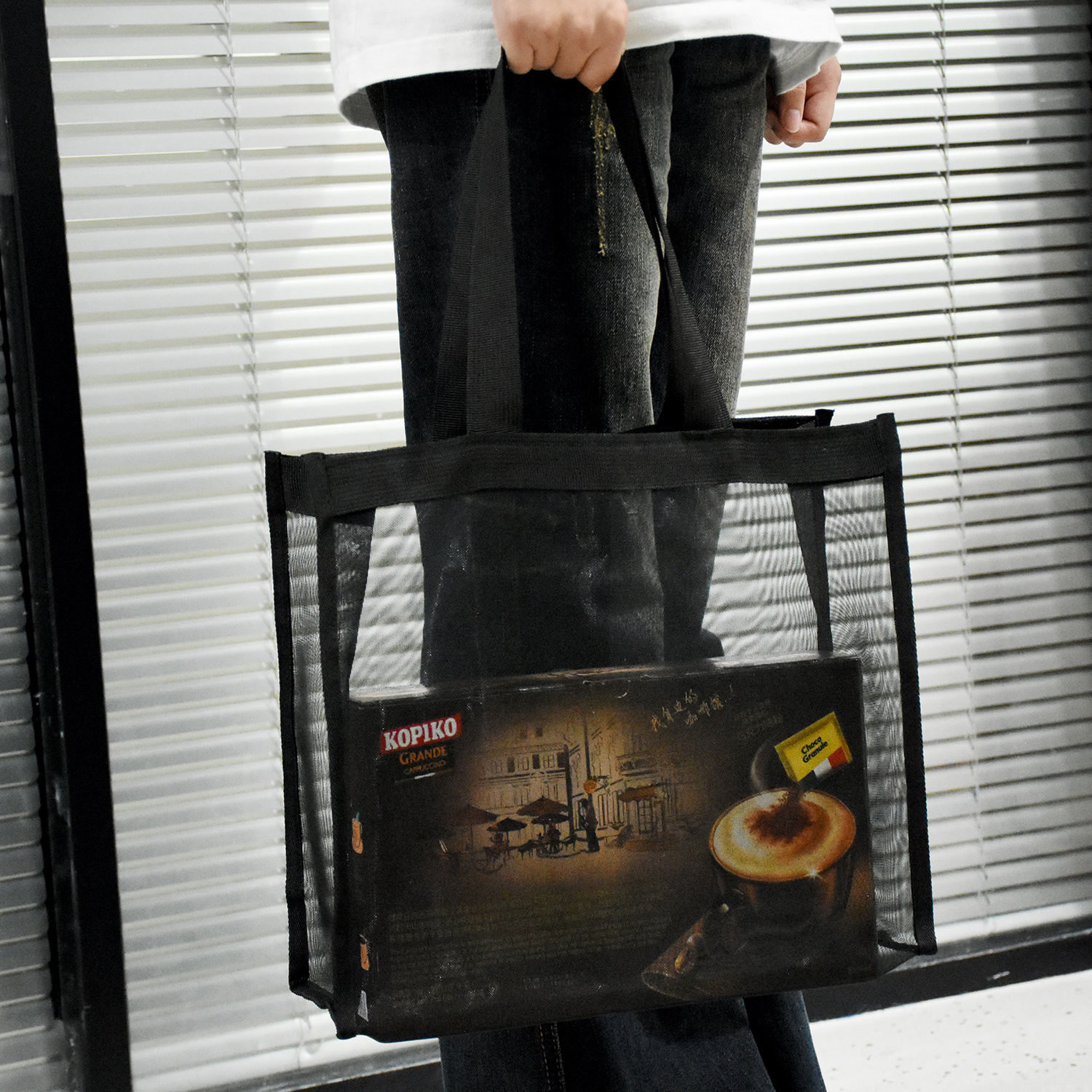 Customized Black Waterproof Mesh Beach Tote Bag02