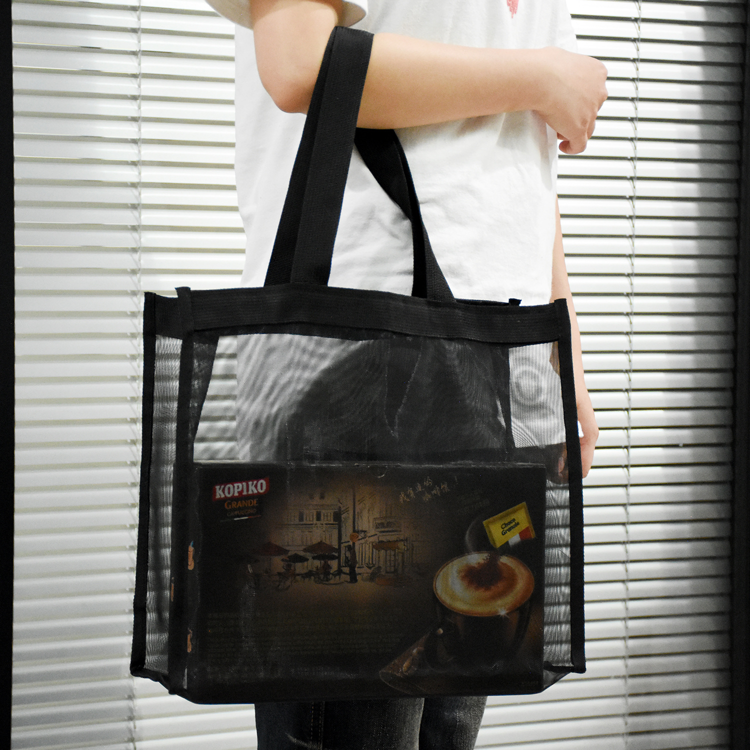Customized Black Waterproof Mesh Beach Tote Bag03