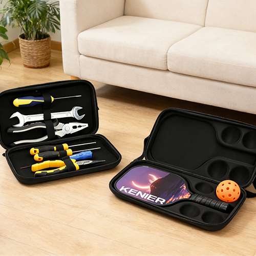 Two open EVA hard shell cases (tool set and pickleball paddle) displayed in a cozy living room