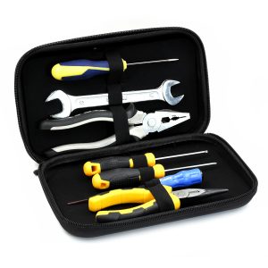 EVA tool storage box holding various hand tools (screwdrivers, pliers, wrenches), demonstrating organized storage for professional use.